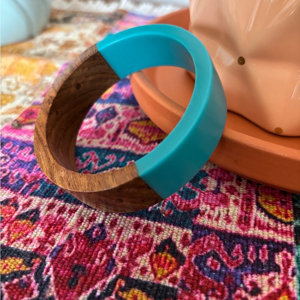 Teal and Wood Bangle Bracelet